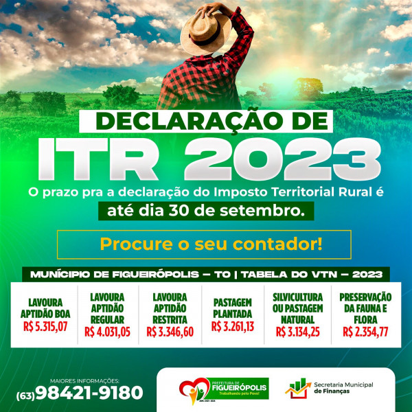 Tabela de Imposto Territorial Rural - ITR/VTN- 2023-Prefeitura de Figueirópolis-TO.