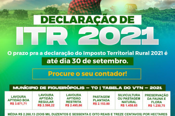 IMPOSTO TERRITORIAL RURAL- ITR - PRAZO FINAL DIA 30 DE SETEMBRO DE 2021.