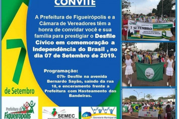 A Prefeitura de Figueirópolis, e a Câmara Municipal de Vereadores, em ação conjunta com as Secretárias Municipais de Educação e Assistência Social, com suas respectivas equipes, realizaram o desfile do dia 07 de Setembro de 2019.